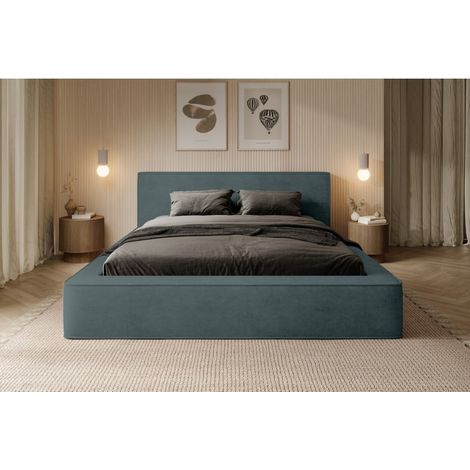 Letto contenitore VELORA – Verde smeraldo – 140x200 cm – Tessuto velluto morbido – Rete sollevabile – Contenitore integrato