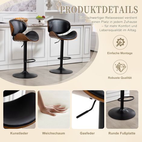 Lot de 2 tabourets de bar pivotants hauteur ajustable bois courbé housse PU. Dossier et repose-pieds ergonomiques adapté bar et îlot de cuisine noir.
