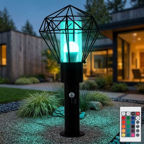 Standleuchte mit Bewegungsmelder Stehlampe Fernbedienung dimmbar Außenlampe Sensor, schwarz Gitter, 1x RGB LED 4W 470Lm warmweiß, LxBxH 22,5x25,5x50 cm (1/5)