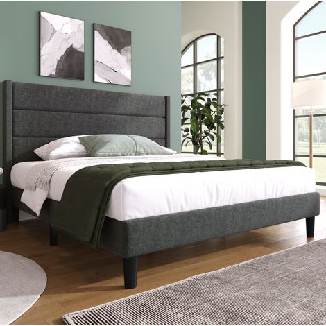 Cama doble tapizada con cabecero lino gris OKMYHOME (1/5)