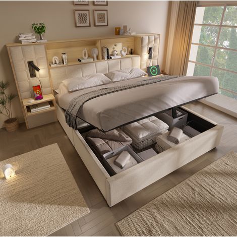 DESVIAE Lit capitonné avec rangement 180 x 200 cm beige avec LED lampes de lecture ports USB Type C tables de chevet intégrées sommier à lattes et revêtement en lin (1/5)