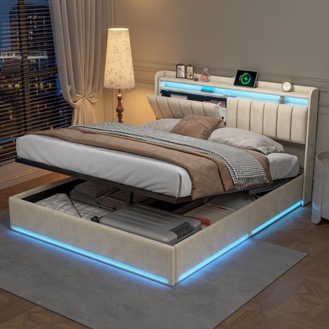 lit coffre 140 x 190cm, Lit double, avec port USB + LED, Sommier à Lattes, Structure de Lit, Lit Rembourré, velours, Beige (1/5)