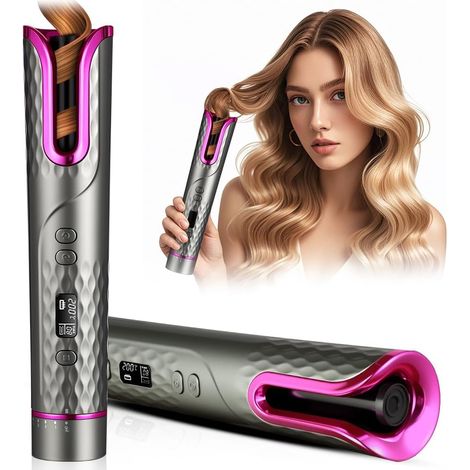 Fer à friser automatique, fer à friser portable sans fil, fer à friser professionnel en céramique avec chargement USB, 4 températures et minuteries, résistant aux brûlures, anti-nœuds, pour la maison 
