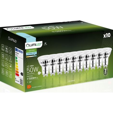 10 lampadine LED GU10 Spotlight PAR16 6W = 50W 580lm 6500K Luce fredda 38° LUMILED