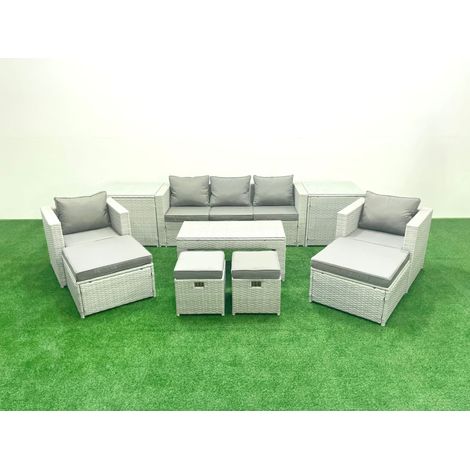 Fimous Polyrattan Gartensofa Set Couchtisch 4 Hockern 2 Beistelltischen Hellgrau gemischt 9-Sitzer (1/5)