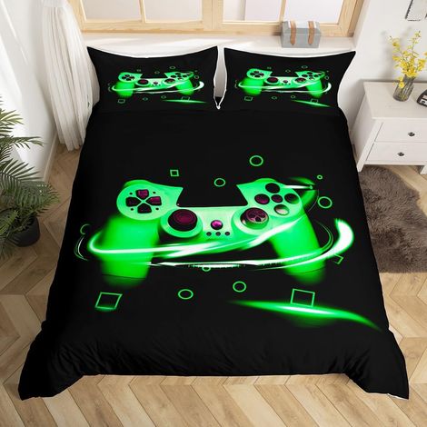 Joueur Parure de Lit 140x200cm Grille Géométrique Triangle Cercle Housse de Couette pour Enfants Garçons Jeu Vidéo Gamepad Parure Housse de Couette Jeu Manette 2 pièces Noir Vert - 140x200 cm (1/5)