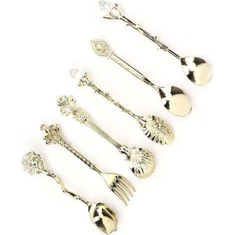 Ensemble de 6 cuillères et fourchettes en alliage de zinc style rétro vintage innovant, couleur or (manche de fourchette Lucky Knot). (1/5)