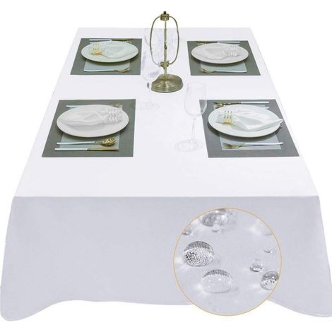 Nappe 140x240 cm rectangulaire imperméable aspect lin lavable blanc perle