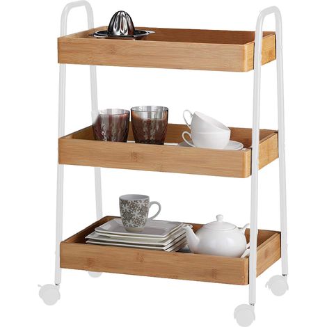 Carrello Trolley Cucina in Metallo 3 Ripiani in legno 4 Ruote Salvaspazio Bianco