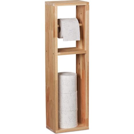Porte-Papier Toilette, Bois de Noyer, Montage Mural ou sur Pieds, Rouleaux de Rechange HLP 70x20x13 cm, Nature (1/5)