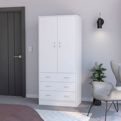Armario Taly en melamina con 2 puertas ,1 estante, 1 barra para colgar ropa y 3 cajones con rieles metalicos, blanco , 180.1 cm X 78.7 cm X 48.4 cm (1/4)
