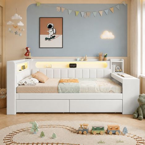 Cama individual infantil 90x200 cm de MDF blanco con almacenaje, ahorra espacio FloraGrace (1/5)