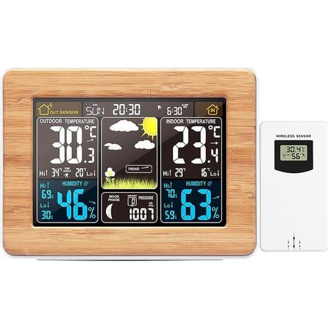 Farbenfrohe digitale drahtlose Wetterstation mit Außensensor Innen und Außenthermometer mit Anzeige von Uhrzeit, Datum, Temperatur, Luftfeuchtigk (1/5)