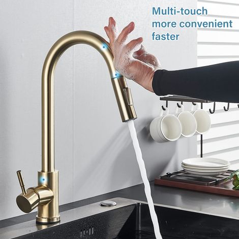 Suguword – Mitigeur de cuisine tactile or brossé – Bec extractible pivotant 360° – Buse double fonction pour nettoyage et rinçage – Acier inoxydable