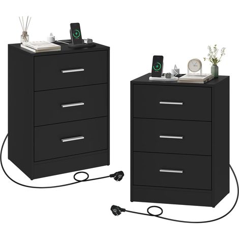Lot de 2 Table de Chevet WOLTU, Table d'Appoint, avec Prise Intégrée, Station de Charge, 2 Prises AC, 1 Port USB, 1 Port Type-C, 39x28,5x54,5cm, Noir (1/5)