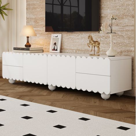 REDOM - Meuble TV 175x38x37cm lignes courbées design minimaliste MDF et panneau de particules blanc rangement optimisé (1/5)