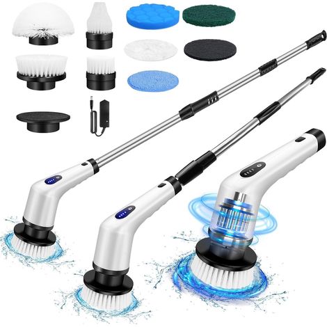 Brosse Electrique Nettoyage Rotative, Brosse de Nettoyage sans Fil avec 9 Têtes de Brosse Remplaçables, Electric Spin Scrubber avec Poignée Réglable et 2 Vitesses pour Salle de Bain Cuisine Voiture (1/5)