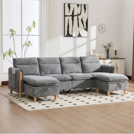 Canapé modulable en U 4 places en chenille gris clair avec 2 poufs de rangement et pieds en bois (1/5)