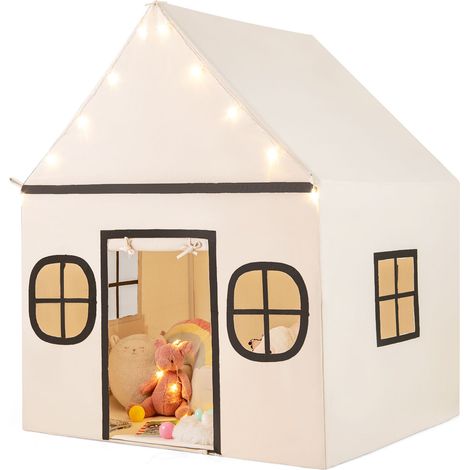 COSTWAY Kids Play Tent Large Playhouse w/ Door Curtain & Windows-Beige + Grey (1/5)
