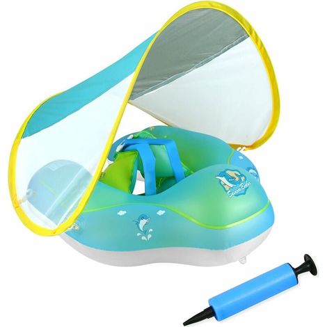 Baby Swim Float with Sun Shade, Adjustable Inflatable Swim Ring with Air Pump, S