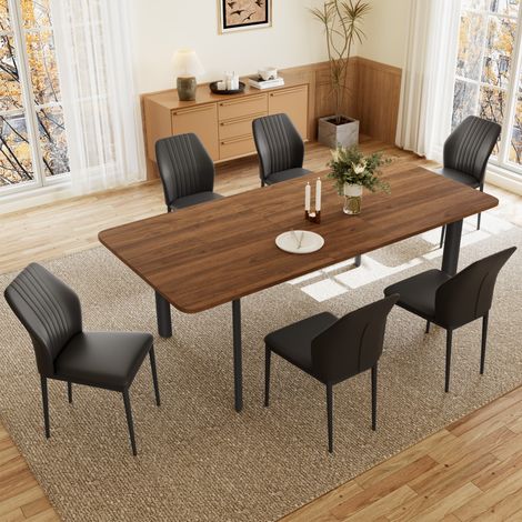 HIPIHOM Ausziehbares Tischset, 160–200 cm Küchentisch mit 2 cm dicker Platte für Esszimmer oder Heimbüro (Walnussfarbener Tisch, 6 Stühle, PU, Schwarz) (1/5)
