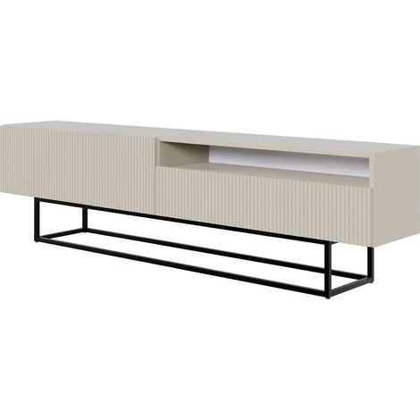 Selsey – Meuble TV avec niche sur pieds noir 175 cm – Panneau stratifié résistant aux rayures – Pieds en acier peint par poudrage – Couleur grėge (1/5)