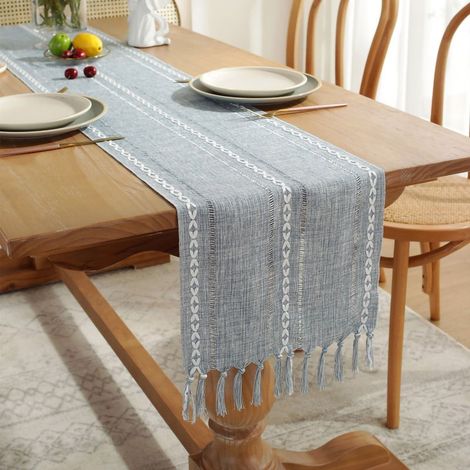 Chemin de table beige bohème en polyester inodore, style maison de campagne, avec pompons (1/4)