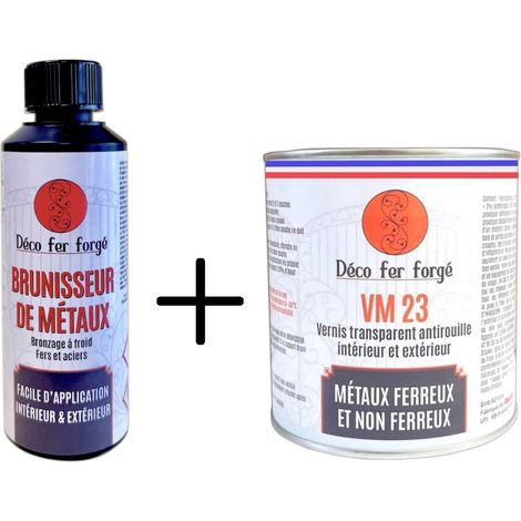 Pack Brunisseur de métaux (0,25L) + Vernis spécial Fer, Acier, Laiton, Bronze ou Cuivre - DECO FER FORGE