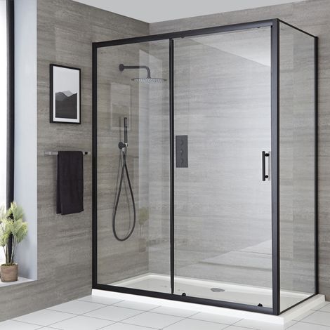 Hudson Reed Portland - Porte de Douche Coulissante Moderne  140cm avec Paroi de Retour 90cm - Noir