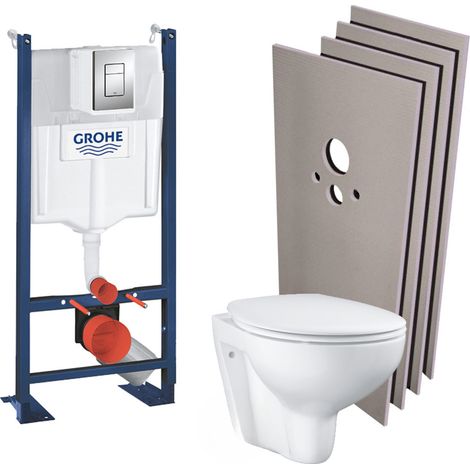 Grohe Pack WC bâti-autoportant + Cuvette Bau sans bride + Abattant softclose + Plaque chrome + Set d'habillage (ProjectBau-1-sabo) (1/5)