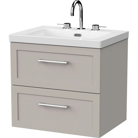 Stonnall Traditional Wall Hung 2 Drawers Vanity Unit with 3 Tap Hole Fireclay Basin, 600mm, Pebble Grey