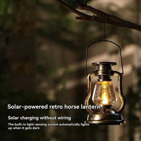Lanterne LED Solaire à Kérosène, Style Rétro, Suspendue, pour Décoration de Jardin Extérieur,ABS+Fer,Or Bleu (1/5)
