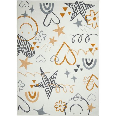 Tapis enfant 160 x 225 cm, motifs ludiques étoiles cœurs arcs-en-ciel soleils, crème ocre gris, fantaisie joyeuse, tissé confortable, certifié OEKO-TEX (1/5)