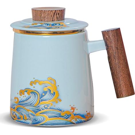 Tasse a The avec Infuseur et Couvercle Motif Porcelaine Grand Mug hanse 500ml pour Café Ou Feuilles De Thé, Maison Bureau Dans (Color : Natural waves) (1/5)