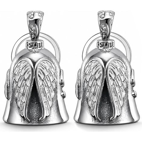 2PCS Guardian Bell, Cloche de Moto Porte-Bonheur pour Motard, Protection Symbolique avec Porte-Clés, Acier Inoxydable Argenté, Ailes, Unisexe, Accessoire Pratique pour Moto (1/5)