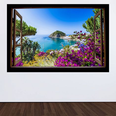 Stickers Trompe l'oeil fenêtre en bois - Vue mer - 60 x 90 cm (1/3)