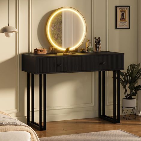 Coiffeuse Moderne avec Miroir LED et Pieds en Métal - Table de Maquillage 2 Tiroirs - Noir - 100 x 40 x 125 cm (1/5)