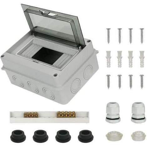 Coffret Électrique Étanche Éxterieur IP65, Boîtier de Distribution 8 Modules, Coffret Modulaire avec Bornier Laiton, Rail DIN, Presse Étoupes Étanche, Bouchon en Silicone Étanche et Bouchons Cache (1/5)