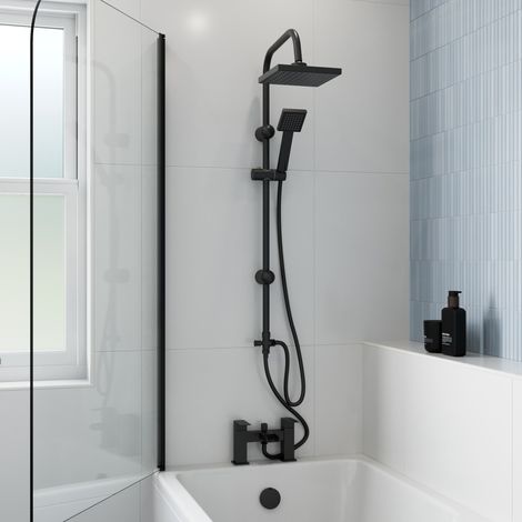 Bath Shower Mixer Waterfall Tap Kit Square Riser Rail Hose Dual Heads Matt Black (1/5)