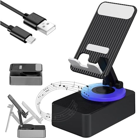 Handyhalterung mit Bluetooth-Audio und eingebautem Lautsprecher – faltbarer Handyständer mit kabellosen Bluetooth-Lautsprechern – 360° drehbar und (1/4)