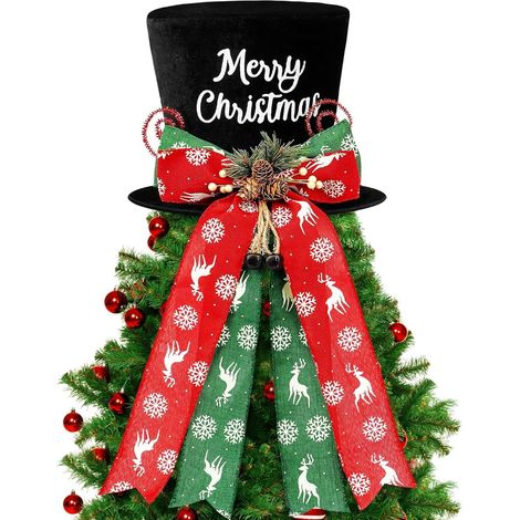 Cimier de Sapin de Noël, 25CM Grande Pointes de Sapin de Noël Noir Chapeau Haut avec Pommes de Pin et Flocon de Neige Noeud Ruban pour Maison Noëls Vacances Hiver Fête Décor Bureau Ornements