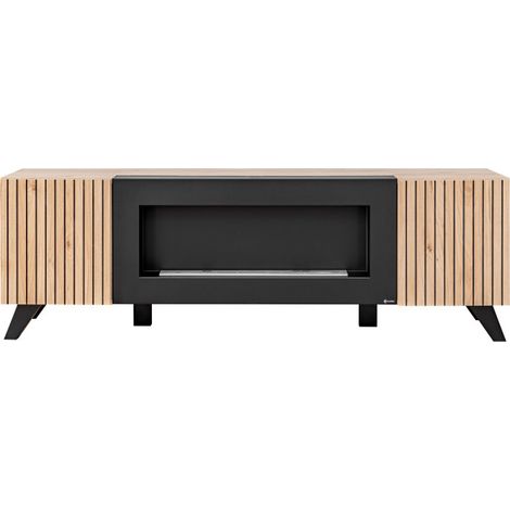 Meuble TV avec cheminée artificielle "Liam" en bois - Beige/noir - L 160 x H 52 x P 45 cm - Livraison gratuite