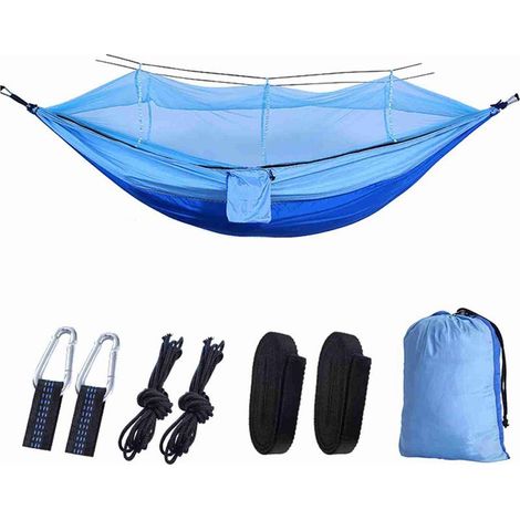 Hamac à ouverture rapide automatique avec moustiquaire Hamac portable de camping en plein air Hamac en nylon anti-renversement,260140cm Bleu roi et bleu clair (1/5)