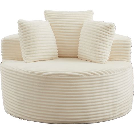 Fauteuil rond Ø110 cm beige avec 3 coussins, tissu corduroy, style minimaliste MEUBLIV (1/5)