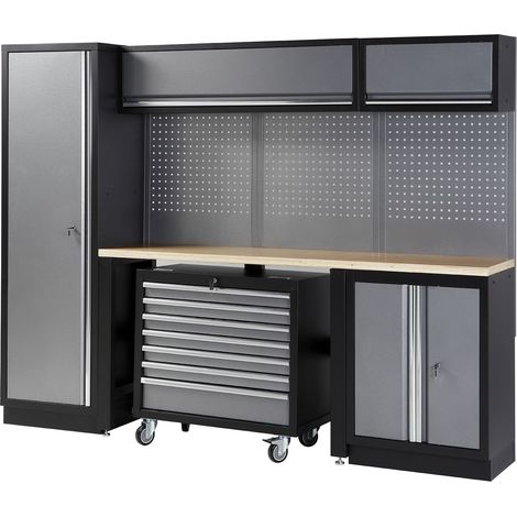 Conjunto de taller modular de 4 módulos con carro extraíble y superficie de madera ALYCO