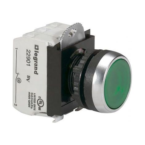 Bouton lumineux à impulsion affleurant IP69 Osmoz complet - vert - 12V à 24V alternatif ou continu - LEGRAND