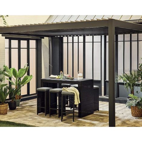 Yoana - gartenbar-set schwarzes rattan - 6 hocker - graue kissen - schwarz / grau (1/5)