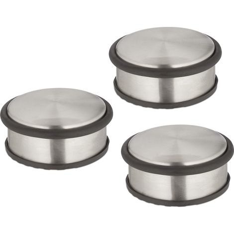Relaxdays Fermaporta in Acciaio Inox, Set da 3, H x D: 4,5 x 10,5 cm, Blocca Porte Pesante e Antiscivolo, Argento Nero, Ferro, Gomma (1/5)