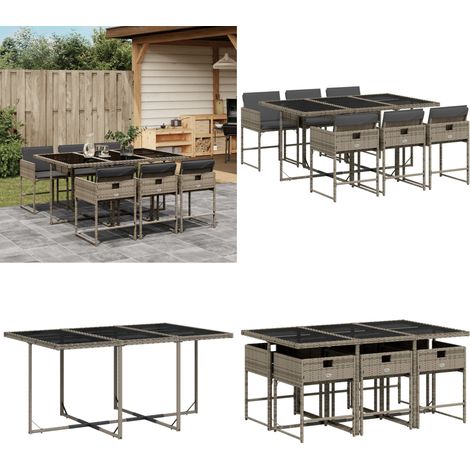 7-tlg. Garten-Essgruppe mit Kissen Grau Poly Rattan - Gartentisch - Esstisch - Gartenmöbel Set - Outdoor Möbel - Terrassenmöbel - Home & Living