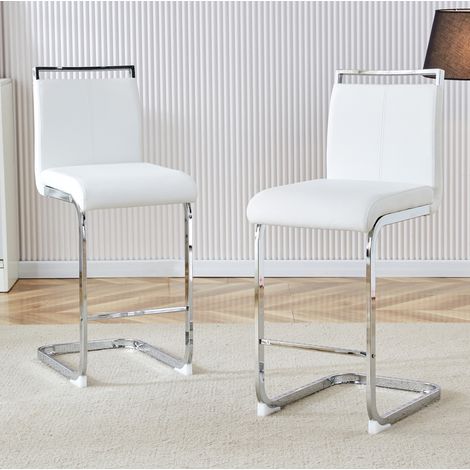 REDOM - Taburete de bar con respaldo tapizado pack de 2 metal y cuero pu blanco y plateado (1/5)